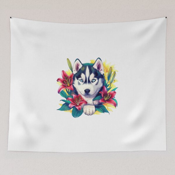 Item preview, Siberian Husky with Red and White Lilies – Stylish Japanese-Inspired Dog Art designed and sold by Naturalite19.