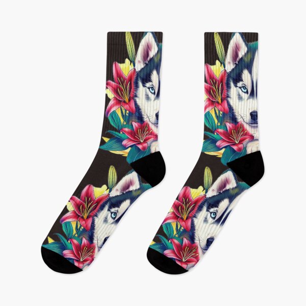 Item preview, Siberian Husky with Red and White Lilies – Stylish Japanese-Inspired Dog Art designed and sold by Naturalite19.