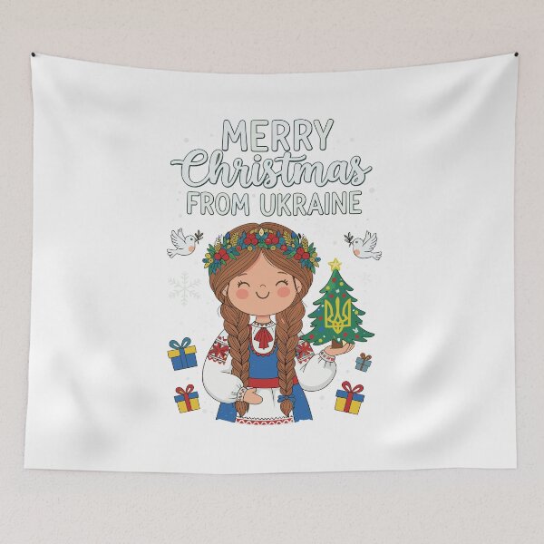 Item preview, Ukrainian Christmas Girl with Trident Tree and Doves designed and sold by RGShirtWorks.