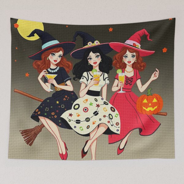 Item preview, Trick or Treat Witches Needlepoint Art – Retro 1950s Cross-Stitch Halloween Embroidery Design designed and sold by MiraLumeStudio.