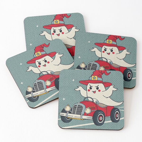 Item preview, Cute Ghost in Red Car – Cross Stitch Halloween Needlepoint Art, Retro Embroidery Design designed and sold by MiraLumeStudio.