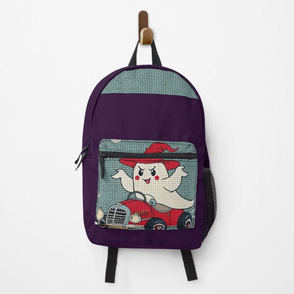 Item preview, Cute Ghost in Red Car – Cross Stitch Halloween Needlepoint Art, Retro Embroidery Design designed and sold by MiraLumeStudio.