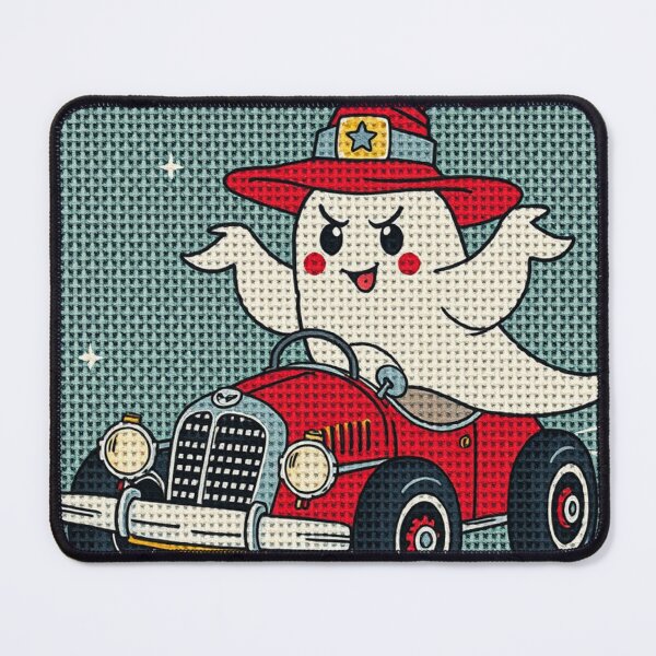 Item preview, Cute Ghost in Red Car – Cross Stitch Halloween Needlepoint Art, Retro Embroidery Design designed and sold by MiraLumeStudio.