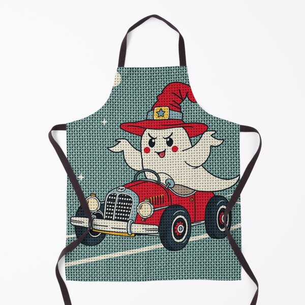 Item preview, Cute Ghost in Red Car – Cross Stitch Halloween Needlepoint Art, Retro Embroidery Design designed and sold by MiraLumeStudio.