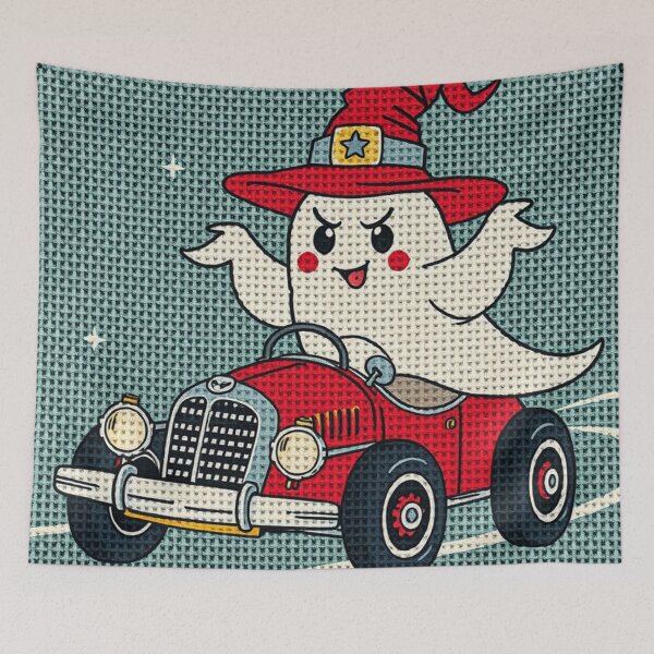 Item preview, Cute Ghost in Red Car – Cross Stitch Halloween Needlepoint Art, Retro Embroidery Design designed and sold by MiraLumeStudio.