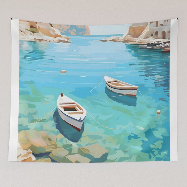 Item preview, Rhodes Greece Lindos Bay Turquoise Vintage Boats designed and sold by LaFabricaArt.