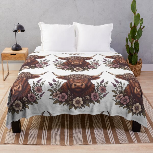 Artikelvorschau, Vintage-Illustration eines Hochlandrindes mit Blumen entworfen und verkauft von ArtfulWeave.
