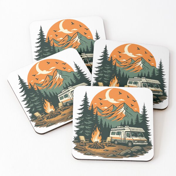 Item preview, Retro Camper and Campfire Mountain Sunset Art designed and sold by ArtfulWeave.