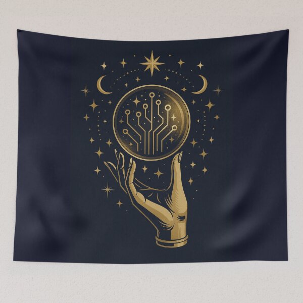 Item preview, Tech Divination – Golden Hand Holding Cyber Circuit Crystal Ball designed and sold by ShivaniiD.