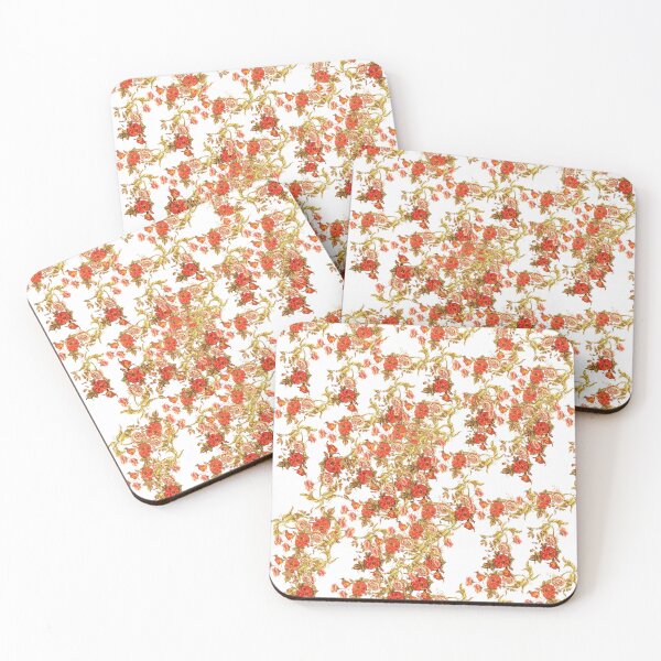 Item preview, Vintage Red Coral and Pink Roses with Golden Leaves designed and sold by PopCultureArtShop.