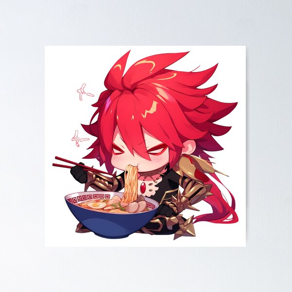 Item preview, Karna Red Lancer Chibi Anime Boy Eating Ramen Fiercely from Fate Grand Order designed and sold by Raslbazola.