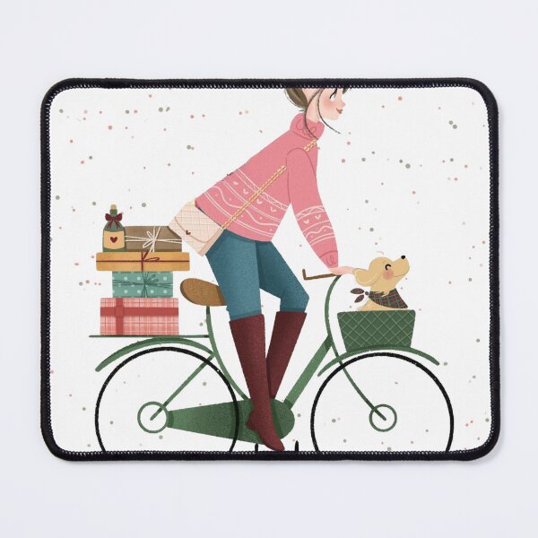 Item preview, Girl Cycling with Her Dog and Many Christmas Presents on a Bike designed and sold by SnorgleKip.
