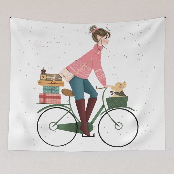 Item preview, Girl Cycling with Her Dog and Many Christmas Presents on a Bike designed and sold by SnorgleKip.