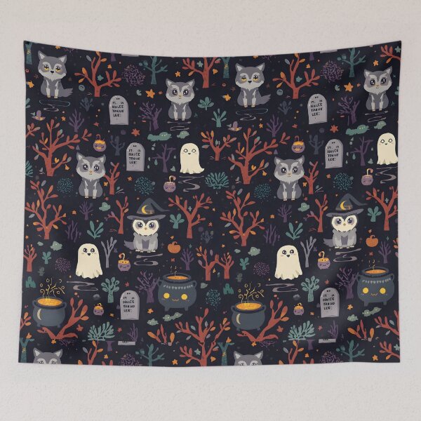 Item preview, Chibi Forest Haunt: Cozy Wolf and Owl Pattern designed and sold by MoonlitDoodles1.