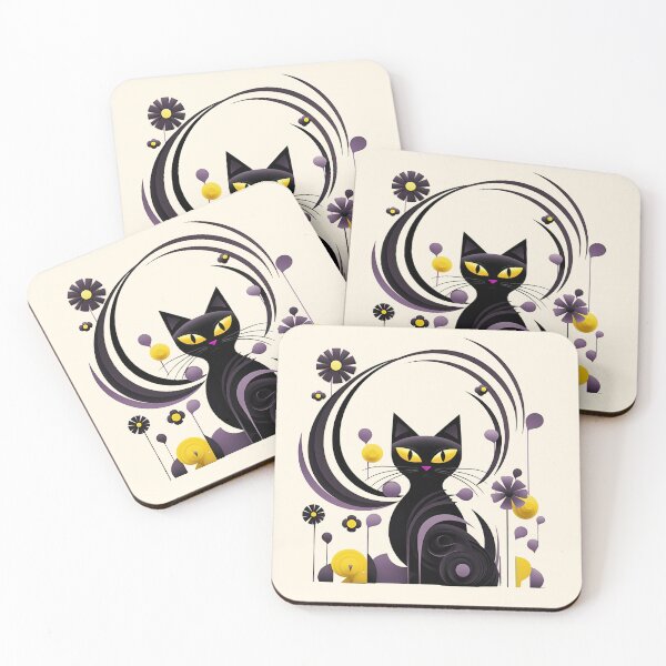 Item preview, Whimsical Harmony: Cat & Floral Abstract in Calligraphic Style, Black, Yellow, White & Light Purple designed and sold by PaintbrushPlace.