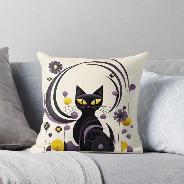Item preview, Whimsical Harmony: Cat & Floral Abstract in Calligraphic Style, Black, Yellow, White & Light Purple designed and sold by PaintbrushPlace.