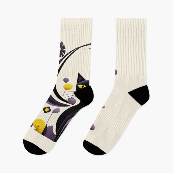 Item preview, Whimsical Harmony: Cat & Floral Abstract in Calligraphic Style, Black, Yellow, White & Light Purple designed and sold by PaintbrushPlace.