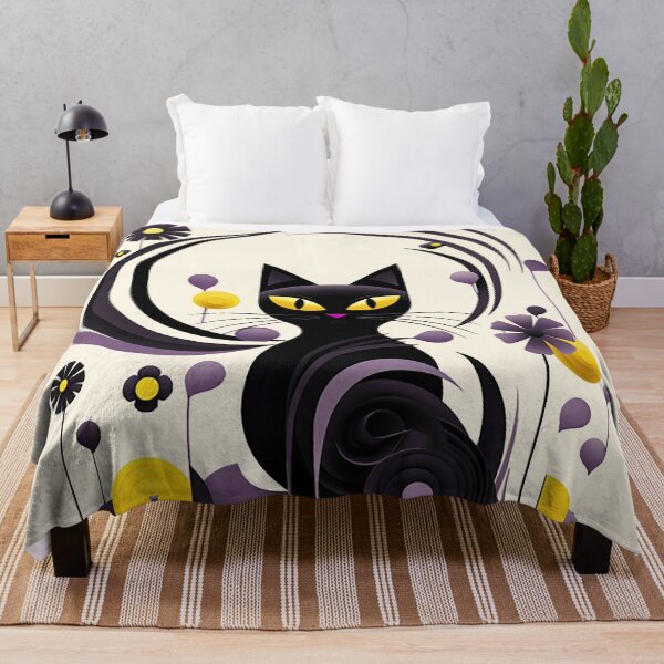 Item preview, Whimsical Harmony: Cat & Floral Abstract in Calligraphic Style, Black, Yellow, White & Light Purple designed and sold by PaintbrushPlace.