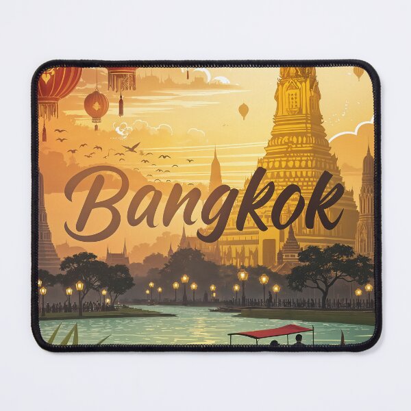 Item preview, Bangkok Thailand Sunset Art Travel Poster – Wat Arun Temple & Lantern River Scene designed and sold by Witsprings.