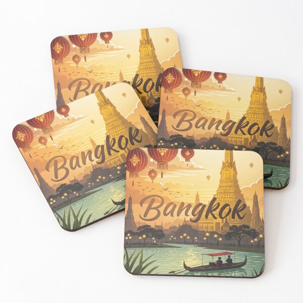 Item preview, Bangkok Thailand Sunset Art Travel Poster – Wat Arun Temple & Lantern River Scene designed and sold by Witsprings.