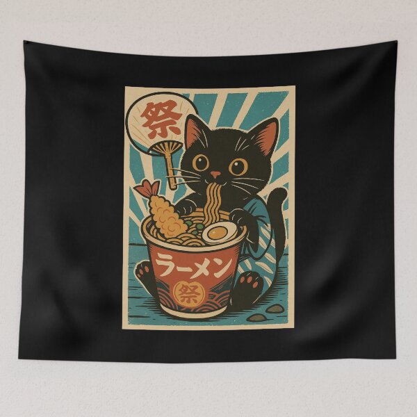 Item preview, Ramen Cat Black Cat Summer Matsuri Japanese Vintage Style Art designed and sold by Damcoc.