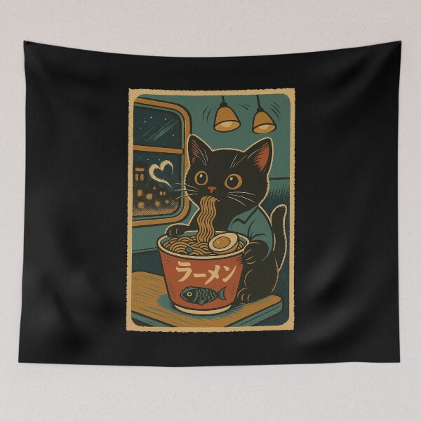 Item preview, Ramen Cat Black Cat Train Bento Ramen Japanese Vintage Style Art designed and sold by Damcoc.