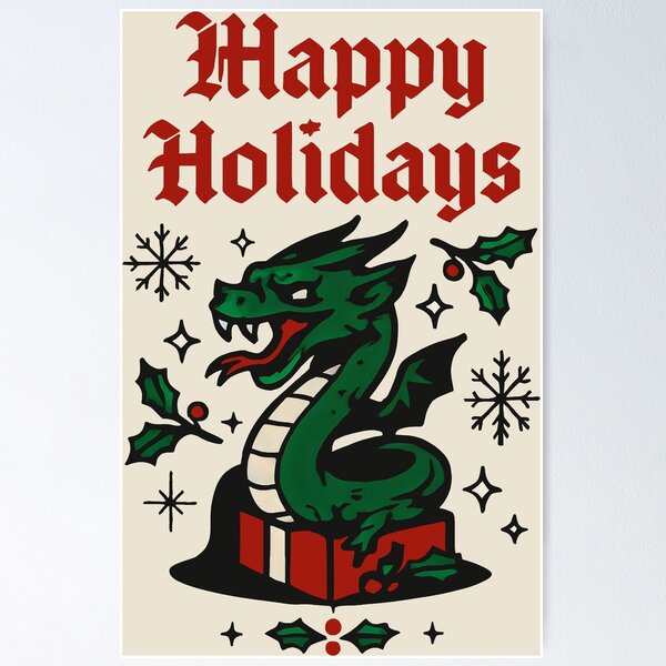 Item preview, Graphic Dragon Christmas Composition with Holly and Black Stars designed and sold by SplashTastic.
