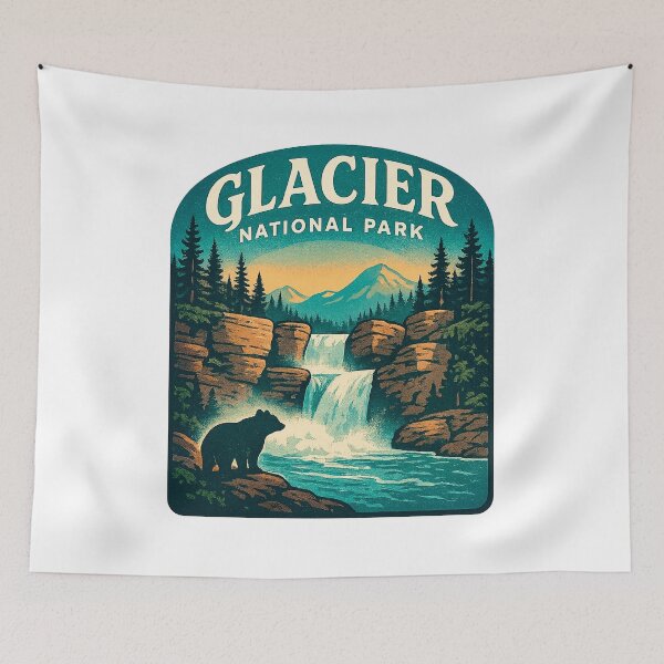Item preview, Retro outdoor travel t-shirt illustration Glacier National Park the iconic St. Mary’s Falls sticker designed and sold by astriebatik.