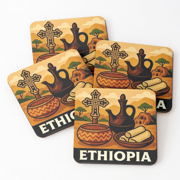 Item preview, Ethiopia - Cross, Coffee Pot & Injera in Scenic Landscape designed and sold by Myra365Art.