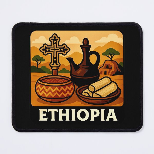 Item preview, Ethiopia - Cross, Coffee Pot & Injera in Scenic Landscape designed and sold by Myra365Art.