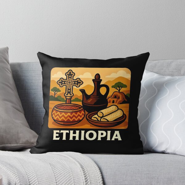 Item preview, Ethiopia - Cross, Coffee Pot & Injera in Scenic Landscape designed and sold by Myra365Art.