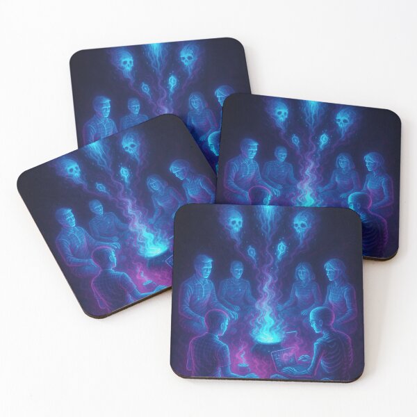 Item preview, Digital Séance – Neon Tech Horror Art with Glowing Skulls and Laptop designed and sold by ShivaniiD.