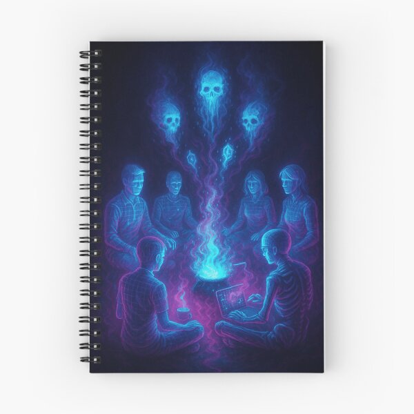 Item preview, Digital Séance – Neon Tech Horror Art with Glowing Skulls and Laptop designed and sold by ShivaniiD.