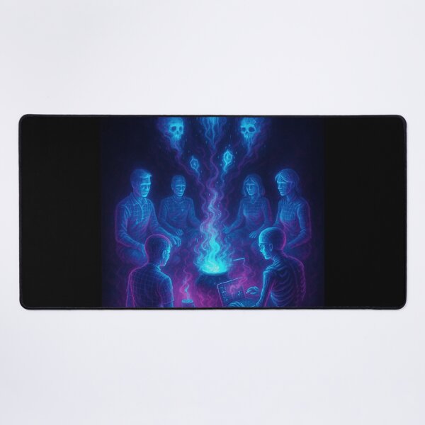 Item preview, Digital Séance – Neon Tech Horror Art with Glowing Skulls and Laptop designed and sold by ShivaniiD.