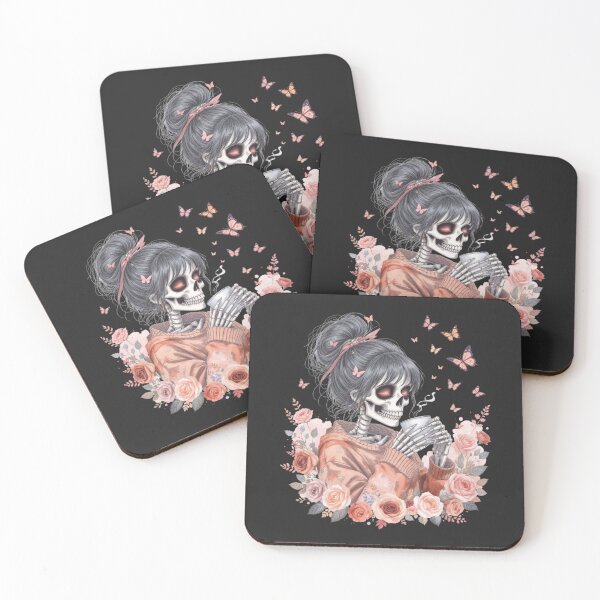 Item preview, Skeleton Girl Drinking Coffee Cozy Gothic Watercolor Art designed and sold by ColorSplash123.