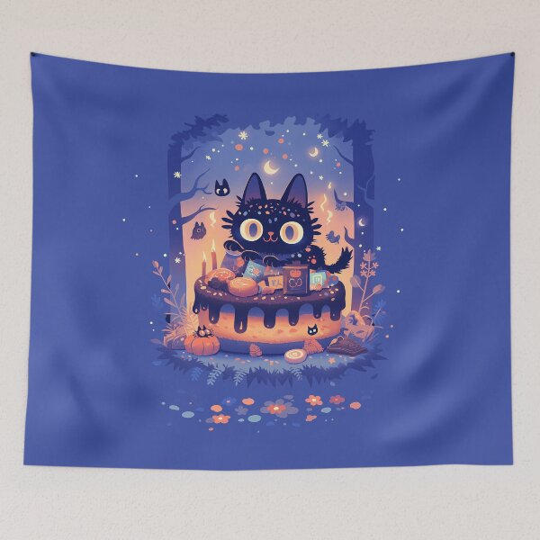 Item preview, Black cat having tea and cake designed and sold by WoollenLlama.
