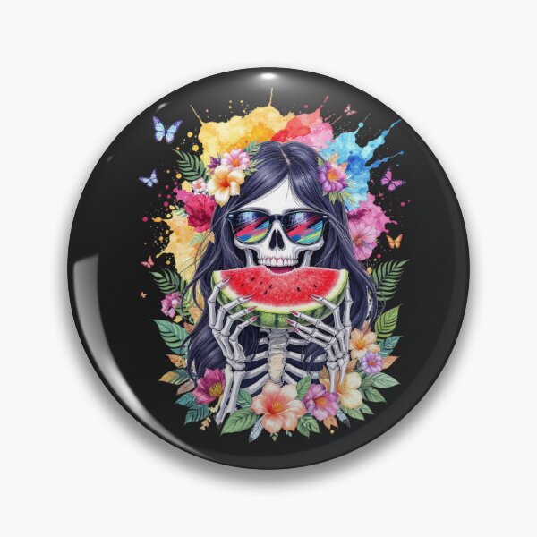 Item preview, Skeleton Girl with Watermelon Gothic Summer Watercolor Art designed and sold by ColorSplash123.