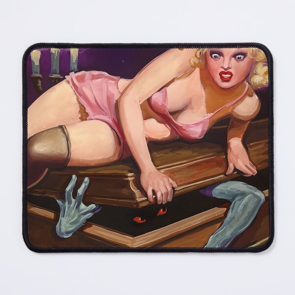 Item preview, Retro Pin Up Vampire Coffin Encounter | Spooky Blonde Bombshell Horror Art designed and sold by Very Peculiar.