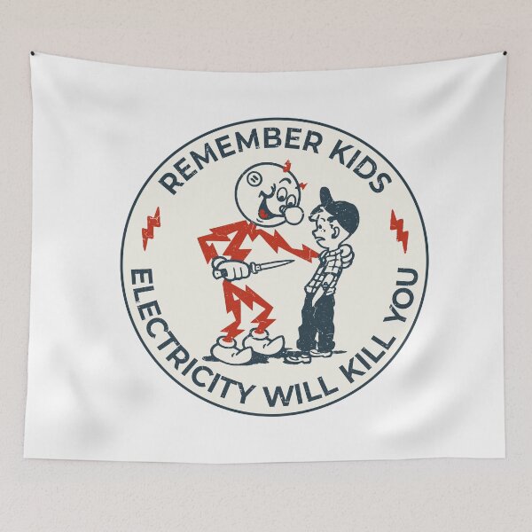 Item preview, Reddy Kilowatt vintage electrician, remember kids electricity will kill you, sparky electric hazard warning, funny hard hat  designed and sold by CharmedVille.