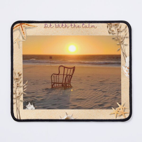 Item preview, Beach sunset with chair and cat designed and sold by SaltyZenAndPaws.