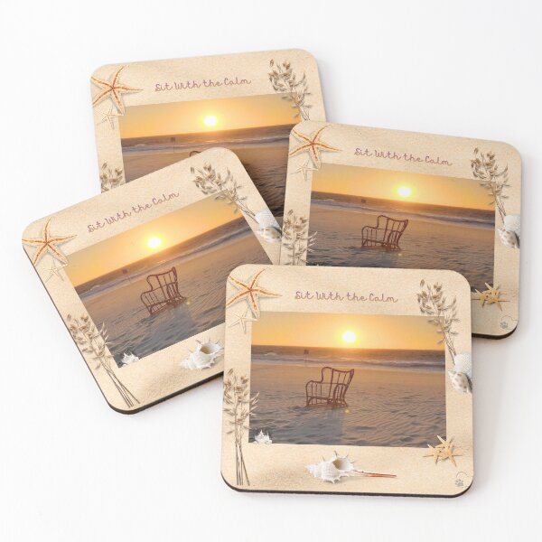 Item preview, Beach sunset with chair and cat designed and sold by SaltyZenAndPaws.