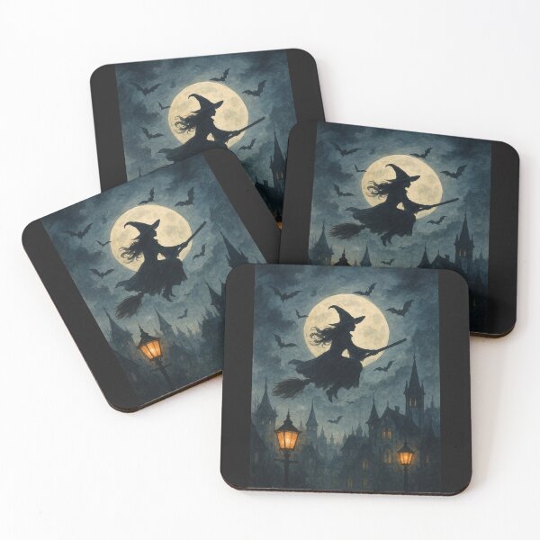 Item preview, Witch Flying Over Gothic Town – Watercolor Halloween Art designed and sold by PsyFlow35.