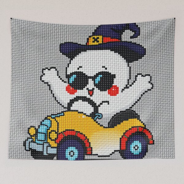Item preview, Cute Ghost Driving Yellow Car – Cross Stitch Halloween Needlepoint Art, Retro Embroidery Design designed and sold by MiraLumeStudio.