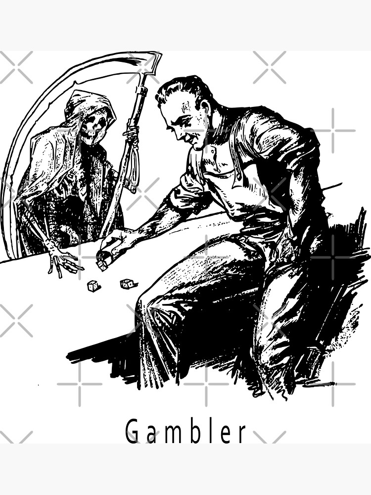 Vintage Weird Black White Gambler Death Grim Reaper Design Print by thespottydogg