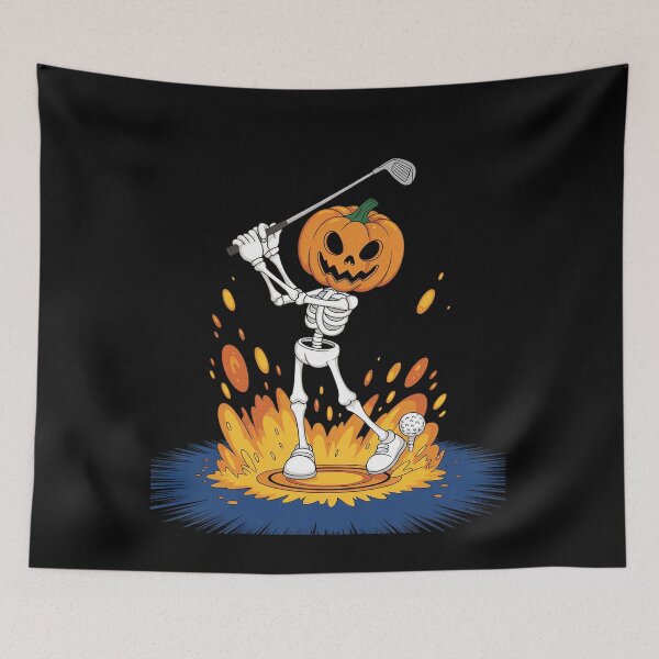 Item preview, Pumpkin Head Skeleton Playing Golf Fireball  designed and sold by lilLilaBatArt.