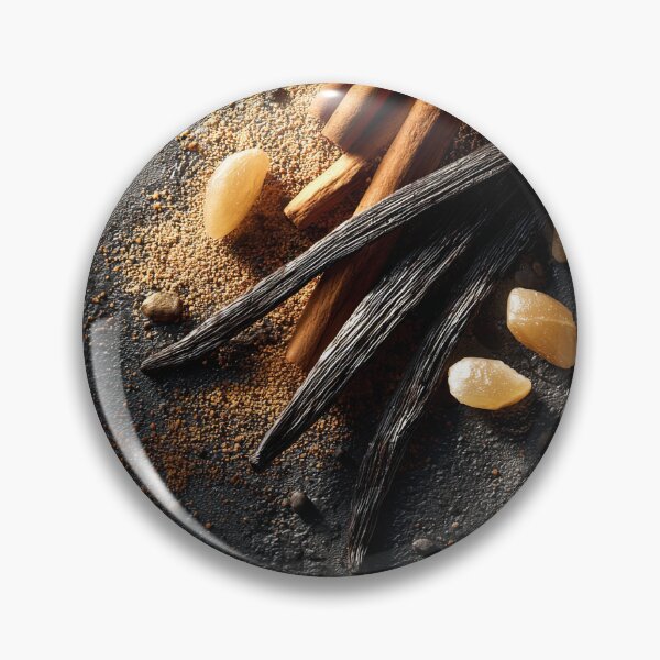 Item preview, Spices and natural ingredients on a dark surface, highlighting cinnamon and vanilla designed and sold by Jerhus.
