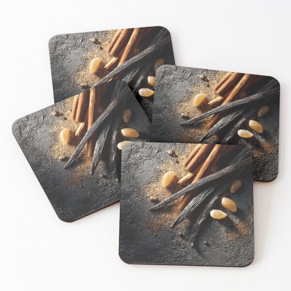 Item preview, Spices and natural ingredients on a dark surface, highlighting cinnamon and vanilla designed and sold by Jerhus.