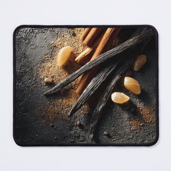 Item preview, Spices and natural ingredients on a dark surface, highlighting cinnamon and vanilla designed and sold by Jerhus.
