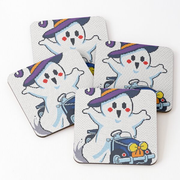 Item preview, Kawaii Ghost in Witch Hat Driving Blue Car – Cute Halloween Cross Stitch Art for Spooky Season designed and sold by MiraLumeStudio.