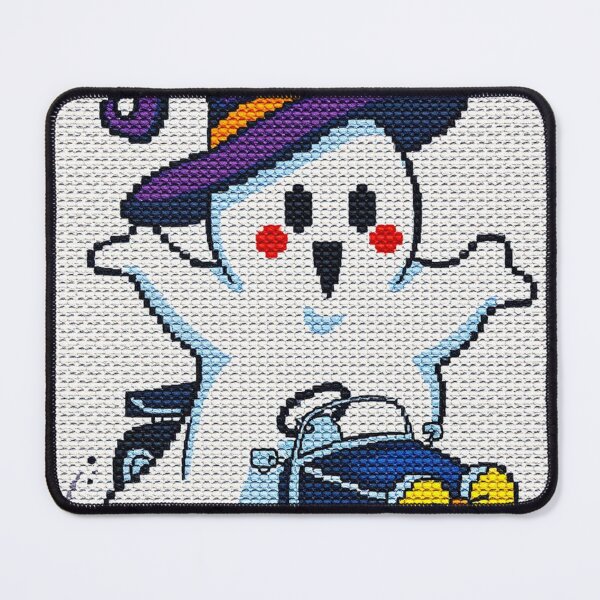 Item preview, Kawaii Ghost in Witch Hat Driving Blue Car – Cute Halloween Cross Stitch Art for Spooky Season designed and sold by MiraLumeStudio.